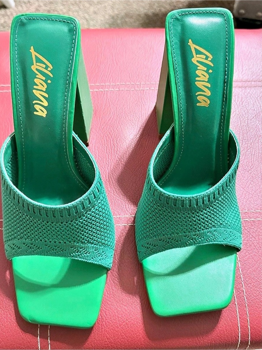 Liliana Green Square Toe Block Heel Mules NWT